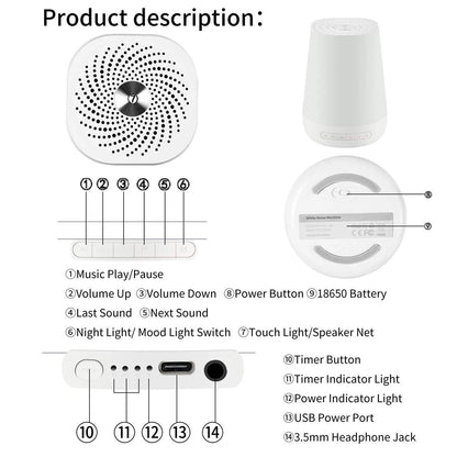 White Noise Machine with Colourful Night Light – 28 Soothing Sounds