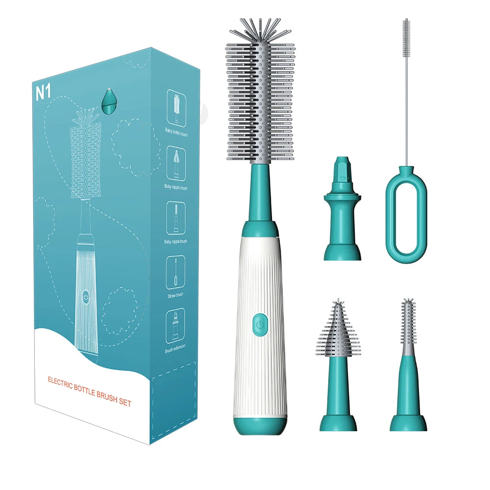 Cordless Electric Baby Bottle Brush Set – Silicone Cleaning Tool for Bottles, Nipples & Straws (1500mAh, Waterproof, 5 Attachments)