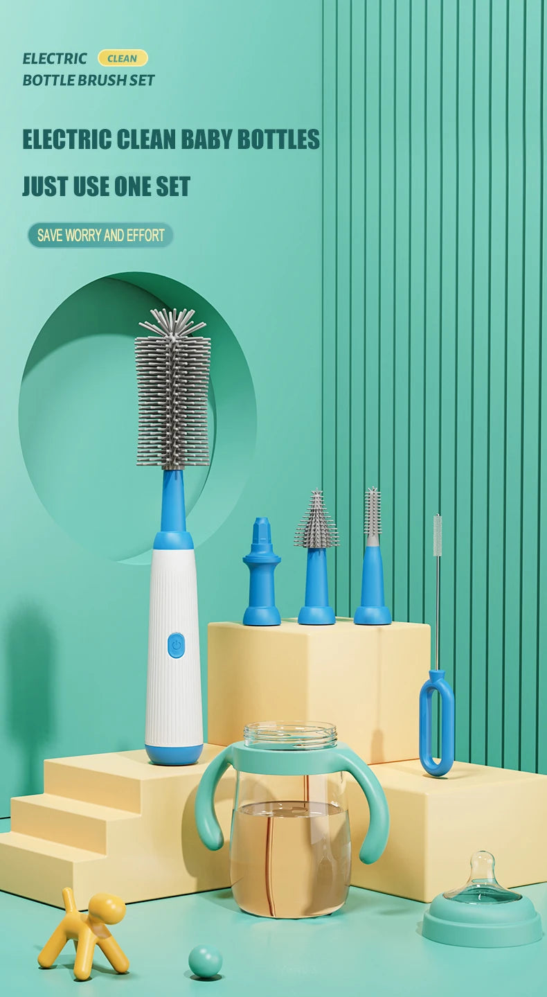 Cordless Electric Baby Bottle Brush Set – Silicone Cleaning Tool for Bottles, Nipples & Straws (1500mAh, Waterproof, 5 Attachments)